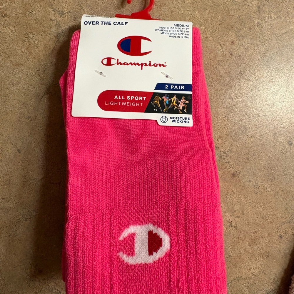Champion Hot Pink Over-the-Calf Socks. Womens size 5-10, kids 4y-8y. 2 pack.
